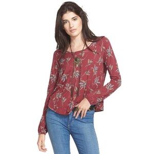 Free People Open Back Drape Blouse Top Burgundy Red Floral Bird Print Small